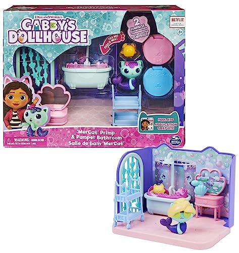 Gabby‘s Dollhouse Deluxe Raum, Primp and Pamper Bathroom, Badezimmer mit Meerkätzchen (engl. MerCat), 3 Möbelstücken und 2 Überraschungsboxen mit Zubehörteilen, geeignet für Kinder ab 3 Jahren