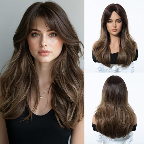 Esmee Lange Gerade Ombre Braune Perücke für Frauen mit Vorhang Pony Natürliche Synthetische Haar Perücken für den täglichen Gebrauch Party