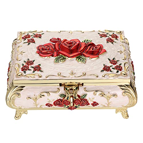 SUMTree Vintage Schmuckkästen mit Deckel aus Metall Milchweiß mit Rotblumeform Schmuckbox Schmuckkiste Schmuckkoffer für Ring Armband Ohrringe von Damen Geschenk für Weichnachten Geburtstag(Groß)