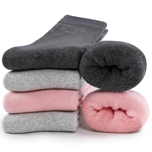inaWarm Thermosocken Damen Winter, Frottee Baumwollsocken, Dicke Warme Crew Socken für Zuhause & Outdoor, 6 Paar, 35-38 39-42, Einfarbig & Gestreift