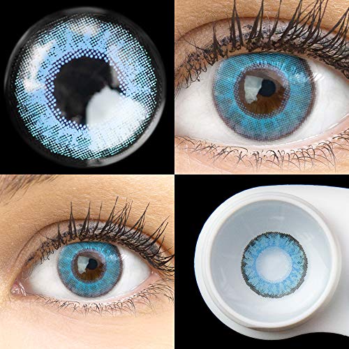 GLAMLENS Flora True Sapphir blau + Behälter | Sehr stark deckende natürliche blaue Kontaktlinsen farbig | farbige Monatslinsen aus Silikon Hydrogel | 1 Paar (2 Stück) | DIA 14,50 | Ohne Stärke