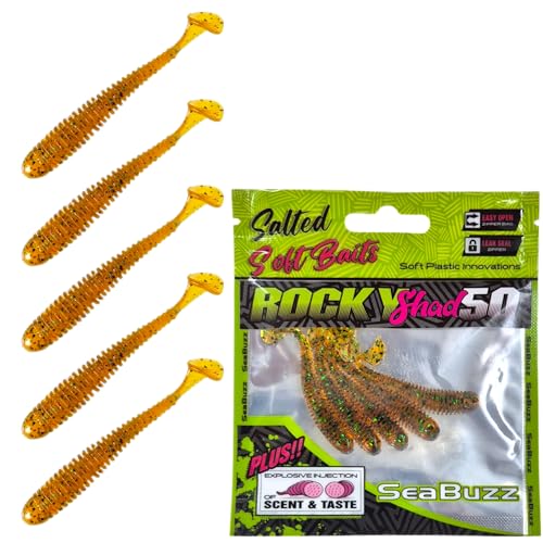 SEABUZZ Gummifische Angelköder Set Rocky Shad 5Stk x 50mm - Hecht Zander Wels Gummiköder - Forelle & Barsch Kunstköder - Raubfisch Angelnset - Süß- und Salzwasser Angelausrüstung (Pepper)