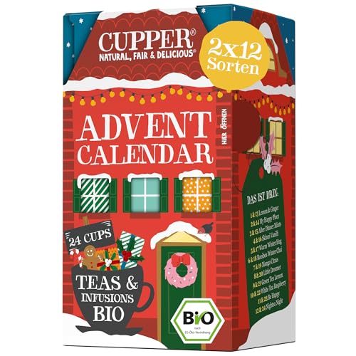 Cupper Bio Tee Adventskalender 2025, Geschenk Weihnachten, Weihnachtskalender ohne Schokolade mit 24 Teebeuteln, 2x12 Sorten, zwei neue exklusive Sorten