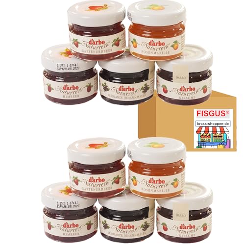 Darbo 10 Minigläser Konfitüre in 5 Sorten - je 2 Stück Erdbeere, Marille (Aprikose), Himbeere, Kirsche und Schwarze Johannisbeere - Ein Bundle von FISGUS® by krass-shoppen-de