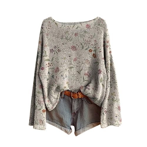 pullover damen lang winter,Boho Vintage Rundhals Strickpullover Damen Herbst Winter Casual Langarmshirt Floral Print Bequem Oberteil Bluse trendiger Übergröße Strickwaren Pullover für Frauen