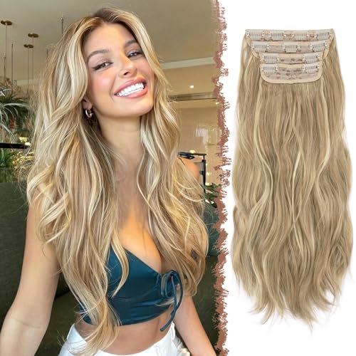 FESHFEN Clip in Extensions, 50cm 4 Stücke Lange Gewellte Hair Extensions Kunsthaar Natürliche Clip in Haarverlängerung für Frauen, Schmutziges Blond