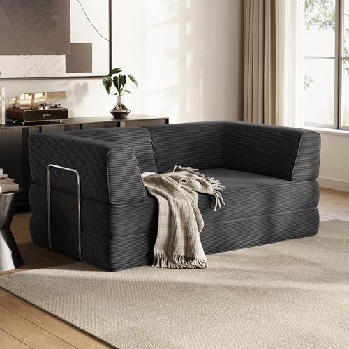 LINSY HOME Schlafsofa - Bodensofa Bed mit Pillow Back Support Armrest - Schlafsofa Klappbar 160 cm Breit- Compressed Sofa in Box - Cord Stoff für Wohnzimmer Schlafzimmer - Schwarz