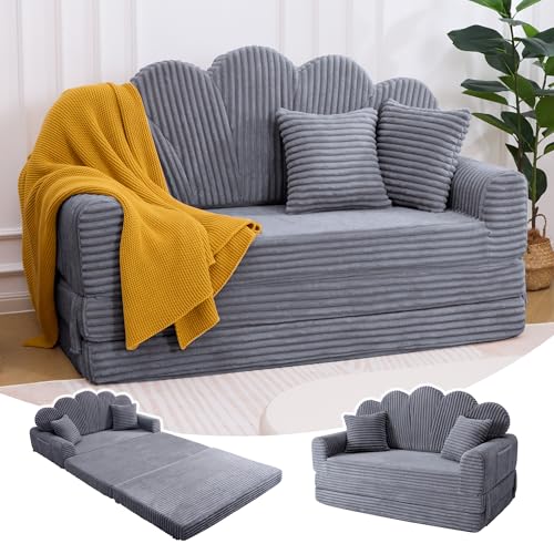 IRONCK Schlafsofa 2-Sitzer Sofa mit Schlaffunktion Boneless Sofa Bed aus Cord & Schaum, Sofabett 153x267cm, Klappbar Schlafcouch, 2 Kissen & Seitentaschen, Bettsofa für Wohnzimmer Schlafzimmer, Grau