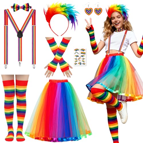 8 Stück Karneval Regenbogen Kostüm für Damen, Regenbogen Faschingkostüme Accessoires Set mit Tüllrock Feder Haarreif Hosenträger Handschuhe Beinwärmer Fliege Ohrringe Aufkleber für Fasching Mottoparty