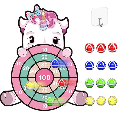 Einhorn Geschenke für Mädchen 3–9,Groß Einhorn Spielzeug Kinder Klett Dartscheibe mit 12 Klebrigen Bällen Hängendes Dart Wurfspiel Sets Geschenk Mädchen 4-9 Jahre Geburtstagsgeschenk für Kinder 4–11