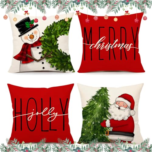 Weihnachtskissen Kissenbezug Weihnachten Weihnachtsschmuck 40x40 cm Christmas Decorations KissenhüLle Weihnachtskissenbezug Dekokissen Winterdeko Schneemann Rot Pillow Cushion Covers Polyester 4 Stück