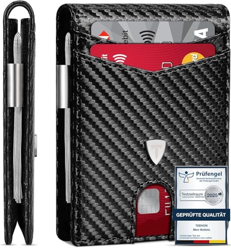 TEEHON Geldbörse Herren Slim Wallet RFID Blocking Kohlefaserleder Portmonee Herren mit 11 Kartenetui, Ausweisfenster, Geldscheinklammer, Minimalistischer Geldbeutel mit Geschenkbox - Schwarz (Schwarz)