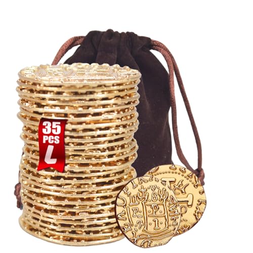 ZUCOS Piraten Münzen Zubehör,Goldmünzen-Set, Metall Goldtaler Deko Dublonen für DND Brettspiele, Cosplay, Realistische Mittelalter Geld-Imitation, Piratenschatz (35 PCS)