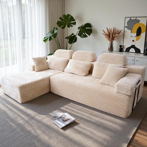 HOMRELEXA 276cm Sofa mit hoher Rückenlehne, L-Form Schlafsofa aus Cordstoff, 3-Sitzer mit Ottomane Links oder rechts, Relaxsofa für Wohnzimmer, freistehend, Keine Montage(Weiß)