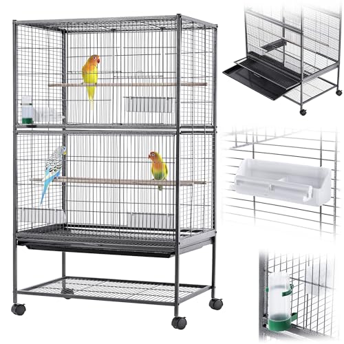 KADAX Vogelvoliere 79 x 52 x 133 cm, Vogelkäfig auf Rollen mit Sitzstangen, Futternäpfen & Wasserspender, Vogelhaus aus Metall, Käfig für Wellensittiche, Papageienkäfig