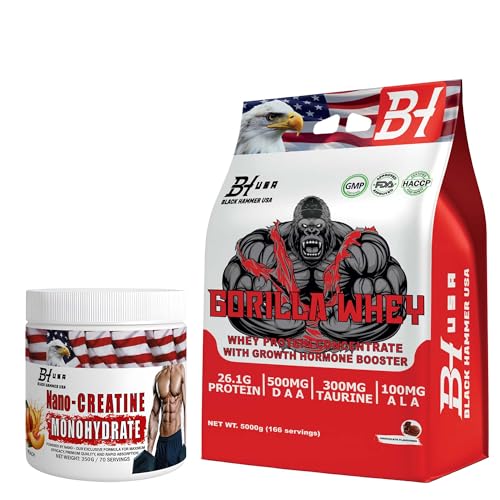 GORILLA WHEY Protein Powder | 26g Protein per Serving | High-Quality Whey for Muscle Growth, Strength & Recovery | BCAA + DAA + Taurine Formula | Black Hammer USA (5000 G, Schokolade + Creatine 350G)