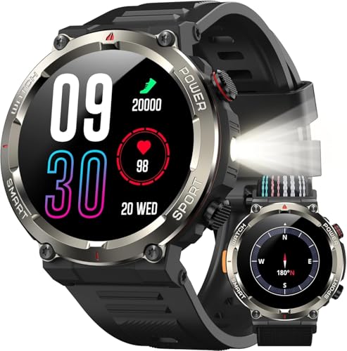 IOWODO Smartwatch Herren 2025 |100 Tage Akku & Beleuchtung | IP68 Wasserdicht & Kompass | Bluetooth-Telefonie |100+ Sportmodi | 24/7 Herzfrequenz & Schlafanalyse | Für Android/iOS