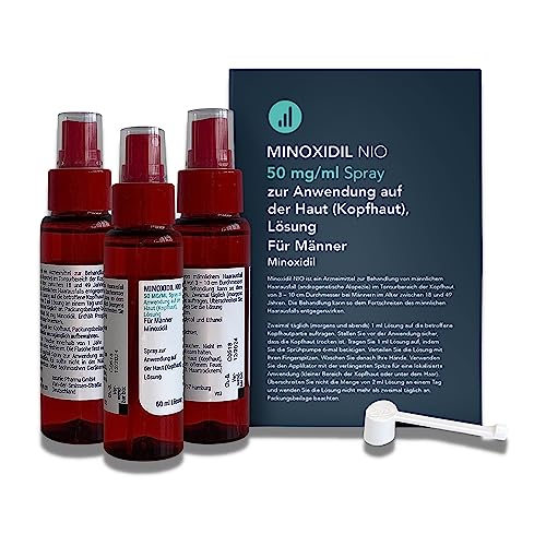 NIO Minoxidil 5% - 3x60ml Haarpflege Lösung, 50mg Minoxidil/1ml, wirkt Haarausfall entgegen, für Männer mit erblich bedingtem Haarausfall, fördert Haarwachstum, 2x tägl, Sprühkopf & Pipette
