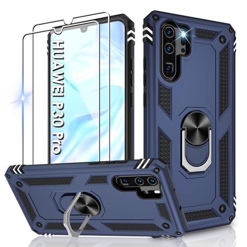 Jshru Handyhülle für Huawei P30 Pro Hülle Militärische Stoßsichere Schutzhülle mit Displayschutzfolie,360° Metall Ring Ständer TPU Bumper Aufprallschutz Case für Huawei P30 Pro,Blue