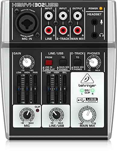 Behringer XENYX 302USB 5-Kanal Audio Mischpult mit USB Interface, XENYX Mikrofon Preamp, für Podcast, Home Recording & Streaming, inklusive Cubasis LE Software