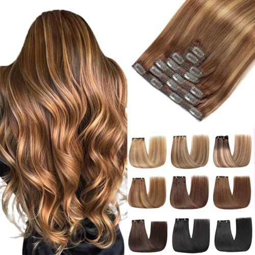 EINbeauty Clip In Extensions Echthaar 7Stücke Extensions Echthaar Gerade Unsichtbar Echthaar Extensions Extensions Clip In Haarverlängerung 80g 35cm(14Zoll,4/4/27#)