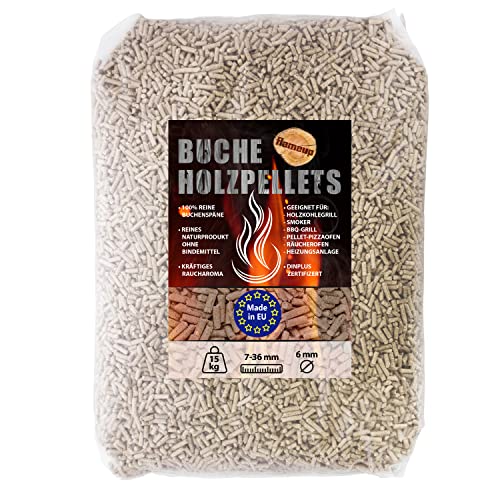 Buche Pellets 15 kg 30 kg Grill Smoker Holz Pizzaofen BBQ Pellet Outdoor Ofen Grillen Chunks Holzpellets Garten Räuchern Pizza Wood Smoke Zubehör Rauch Flameup, Gewicht :15 kg