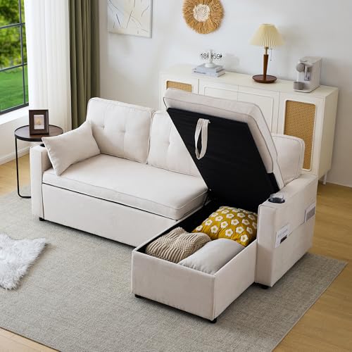Merax Sofa Ecksofa mit Schlaffunktion, Praktisches Schlafsofa mit Bettkasten, Schlafcouch mit Stauraum, Getränkehalter und Seitentaschen, Modernes L-förmiges Couch für Wohnzimmer, Schlafzimmer, Beige