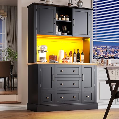 LAKFEW Küchenschrank mit Arbeitsplatte und LED-Beleuchtung, Buffetschrank Küchenschränke mit App-Steuerung und 5 Schubladen, Küchenbuffet mit 4 Türen und Schubladen, 115x40x180 cm, Schwarz