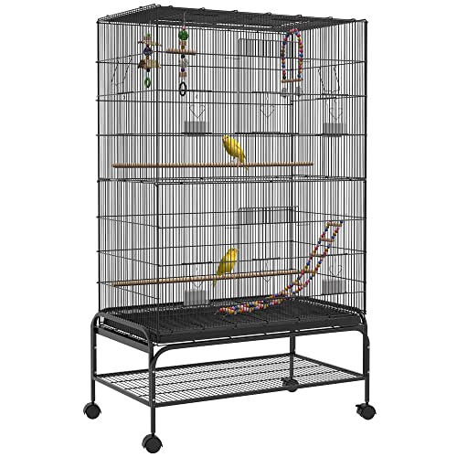 PawHut Vogelkäfig Groß Vogelvoliere mit Sitzstangen, Rollen, Bodenwanne, Metall Vogelhaus mit 2 Türen, Vogelspielzeug, Vogelbauer Wellensittichkäfig Käfig für Vögel, 97 x 58 x 160 cm