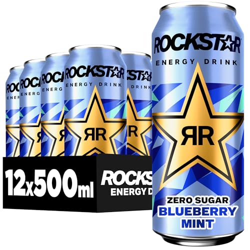 Rockstar Energy Drink Blueberry Mint Geschmack - Zero Sugar -Koffeinhaltiges Erfrischungsgetränk ohne Zucker für den Energie Kick, EINWEG (12 x 500ml) (Verpackungsdesign kann abweichen)