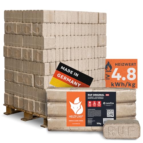 HEIZFUXX Holzbriketts RUF Original Red - Hartholzbriketts Palette 960 kg (96x10 kg) - Premium Briketts für Kamin, Heizkessel & Ofen - Hoher Heizwert, geringer Aschegehalt & maximale Energieausbeute