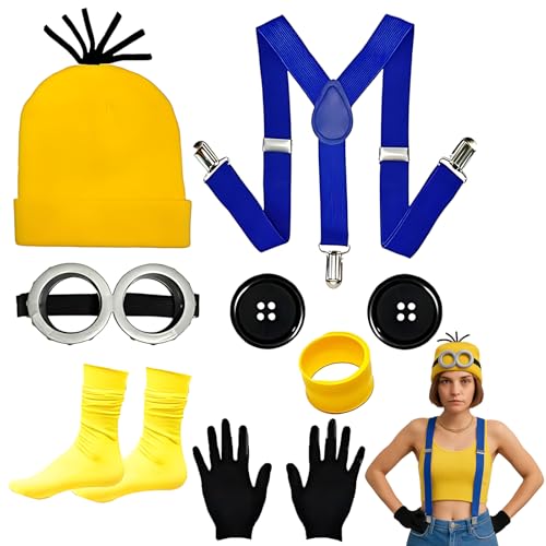 AXERHK Halloween Kostüme, Karneval Kostüm Hut Hosenträger Schwarz Handschuhe Knöpfe Socken Brille und Armband, für Karneval Halloween Cosplay (10 Stück Gelb)