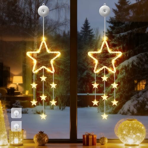 Dankeled LED Sterne Weihnachtsbeleuchtung, 2 Stück Weihnachtsstern Fenster Lichterkette, Warmweiß Lichtervorhang Innen Batteriebetriebene mit Timer,8 Modi für Weihnachtsdeko Balkon Fest Party Hochzeit
