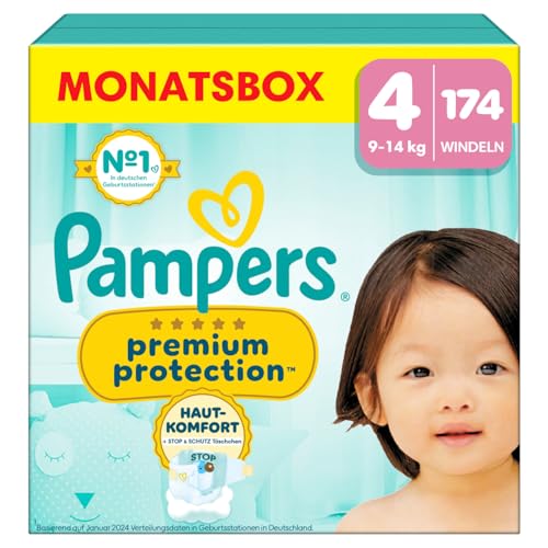 Pampers Premium Protection Größe 4, 174 Windeln, 9kg-14kg, Doppelter Schutz für die Haut und vor Auslaufen