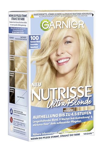 Garnier Nutrisse Creme Nr. 100 Extra Helles Naturblond, dauerhafte Pflege-Haarfarbe, mit nährenden Fruchtölen, 100% Grauabdeckung