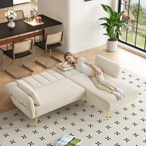 Merax Schlafsofa Klappsofa Ecksofa mit Schlaffunktion, Verstellbarer Rückenlehne, Sofabett aus Samtstoff, L-förmiges Sofa für Wohnzimmer/Schlafzimmer/Gästezimmer, Beige