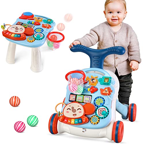 2 in 1 Lauflernhilfe zum Sitzen und Stehen für Baby, Regulierbarer Geschwindigkeit Laufwagen für Kleinkinder, Abnehmbare Spielplatte, Baby Musik Lernen Spielzeug-Für Kinder von 12-36 Monaten(Blau)