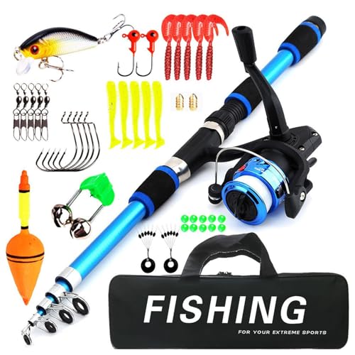 Angelset für Kinder, Blau 1.8M Kinderangel Starter Set, Angelrute Set Kinder mit Angelrolle und Köder Set, Kohlefaser Rolle Angel Zubehör für Kinder von 3-10 Jahren Jungen Mädchen