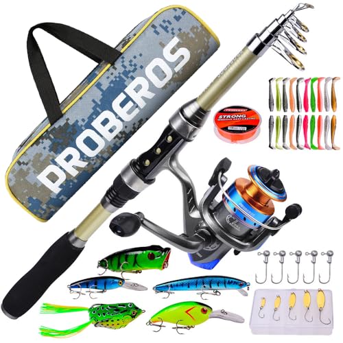 icyant Teleskop Angelruten und Rollen Kombi Set, Angelruten-Set mit Angelschnur/Angelköder-Zubehör/Tragetasche, Angel-Spinnruten Rollen-Kombi-Set für Salzwasser-Süßwasser