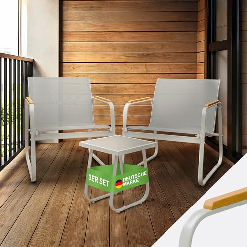 Blumtal Gartenmöbel Set 3er - Balkonmöbel Set für 2 Personen - 2 x Sessel + 1 x Tisch - Stahl Garten Möbel - Balkon Lounge Gartenmöbel - belastbare Gartenlounge - wetterbeständige Terrassenmöbel Grau