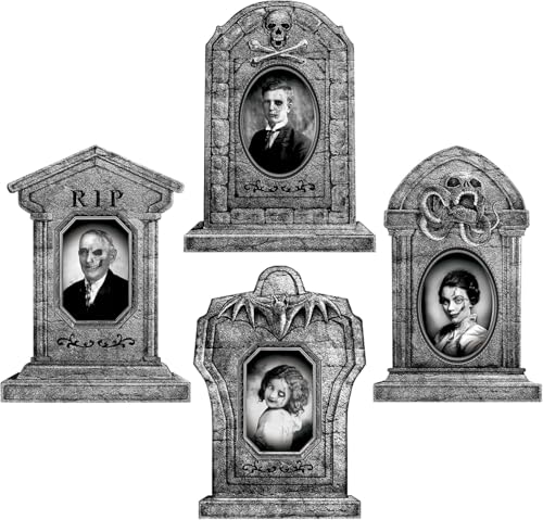 Bayuyi Halloween Grabstein Deko Set 4 Stück – 43 cm beidseitig Bedruckte RIP Grabsteine, wetterfest, Realistische Friedhof Deko für Garten, Hof, Outdoor Party