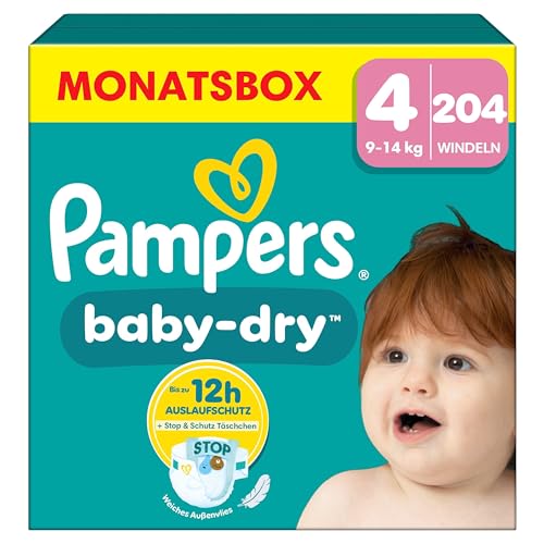 Pampers Baby-Dry Größe 4, 204 Windeln, 9kg-14kg, Bis zu 100% Auslaufschutz & Komfort die ganze Nacht