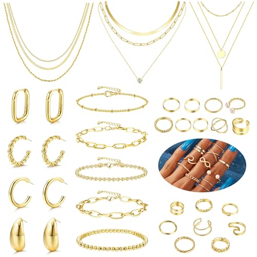 Morfetto Goldschmucksets für Frauen Trendige klobige goldene Creolen Goldene Accessoires Goldenes Halsketten- und Armbandset Goldenes Schmuckpaket