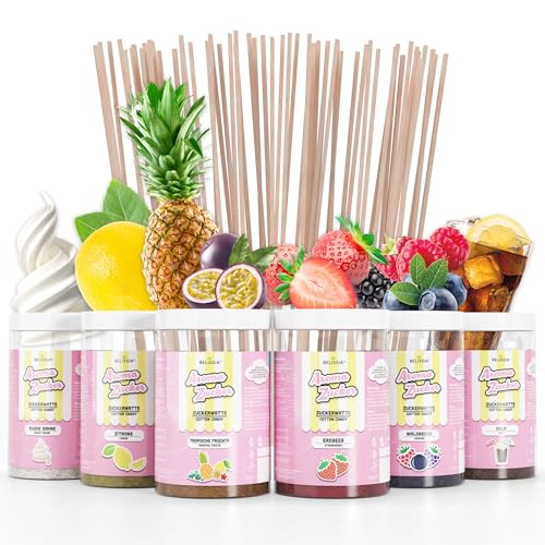 Belissia Aromazucker | 250g Zuckerwatte Zucker mit Partyset 6 x | Intensiver Aromazucker für jede Zuckerwattemaschine | Geeignet für Dessert, Popcorn, Slush, Cocktails uvm. | Inklusive 100 Stäbchen