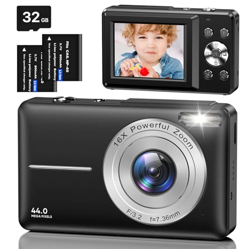Digitalkamera Fotokamera mit 32GB Karte, 1080P FHD 44MP Kinder Kamera 2,4 '' LCD 16X Digital Zoom Kompaktkamera, Tragbare Fotoapparat mit 2 Akku, Kamera für Kinder, Teenager, Anfänger (Schwarz)