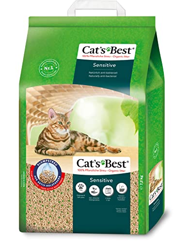 Cat's Best Sensitive, 100 % pflanzliche Katzenstreu, fest klumpend und antibakteriell aus veredelten Aktiv-Holzfasern – speziell für empfindliche Katzen, 7,2 kg/20 l