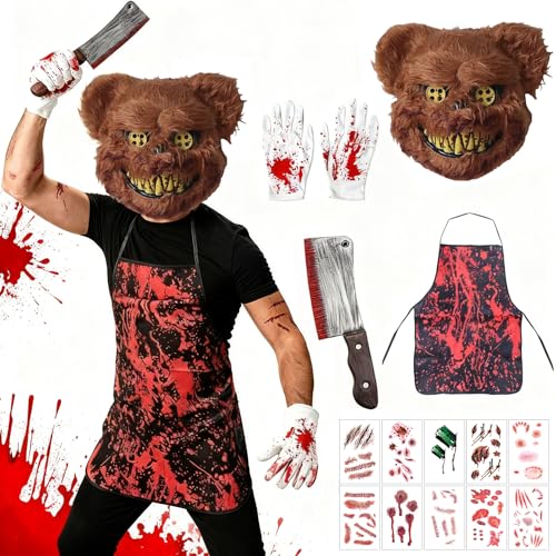 Pipihome Halloween Kostüm Herren, Horror Bär Kostüm, Halloween Masken Grusel Bärenkostüm Erwachsene, mit Blutige Schürze Tattoo Prop Küchenmesser, für Maskenball Cosplay
