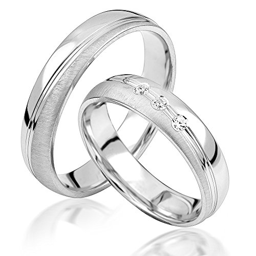 JC Trauringe 925er Sterling Silber Paar-Preis I Eheringe mit kostenfreier Gravur I Partnerringe 5 mm breit inkl. Etui I Damen-Ring mit Zirkonia-Steinen I Größe 48 bis 72 I S052-S