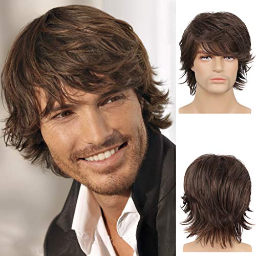Beweig Perücke Herren Braun Kurz Haare Layered Wave Perücken mit Pony Synthetische Cosplay Perücke Kostümparty Halloween Party