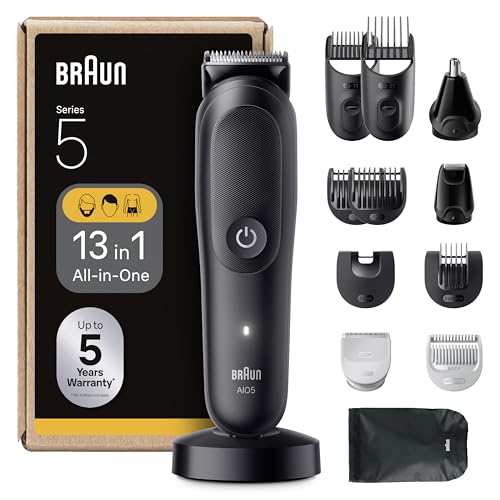 Braun All-in-One Series 5, 13-in-1 Multigroom, Barttrimmer, Nasenhaartrimmer, Haarschneidemaschine für Gesicht, Kopf und Körper, 120 Min Akku, 14 Längen (3–21 mm), Wasserdicht, AIO5565, Schwarz